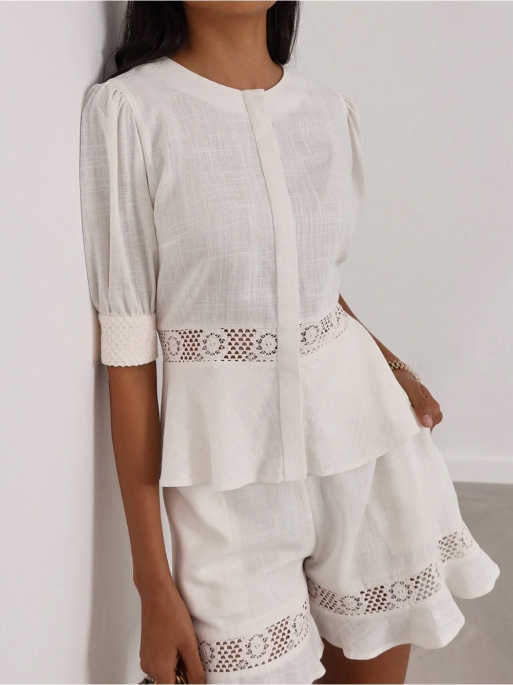 Vita Grace Anice Cotton Lace Trim Peplum Top In Ivory